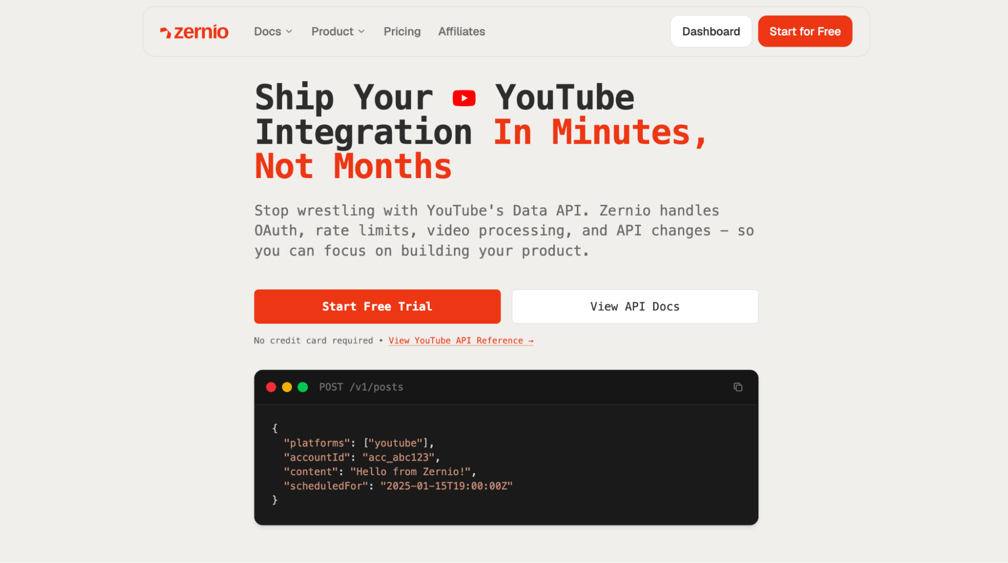 youtube api integration with zernio
