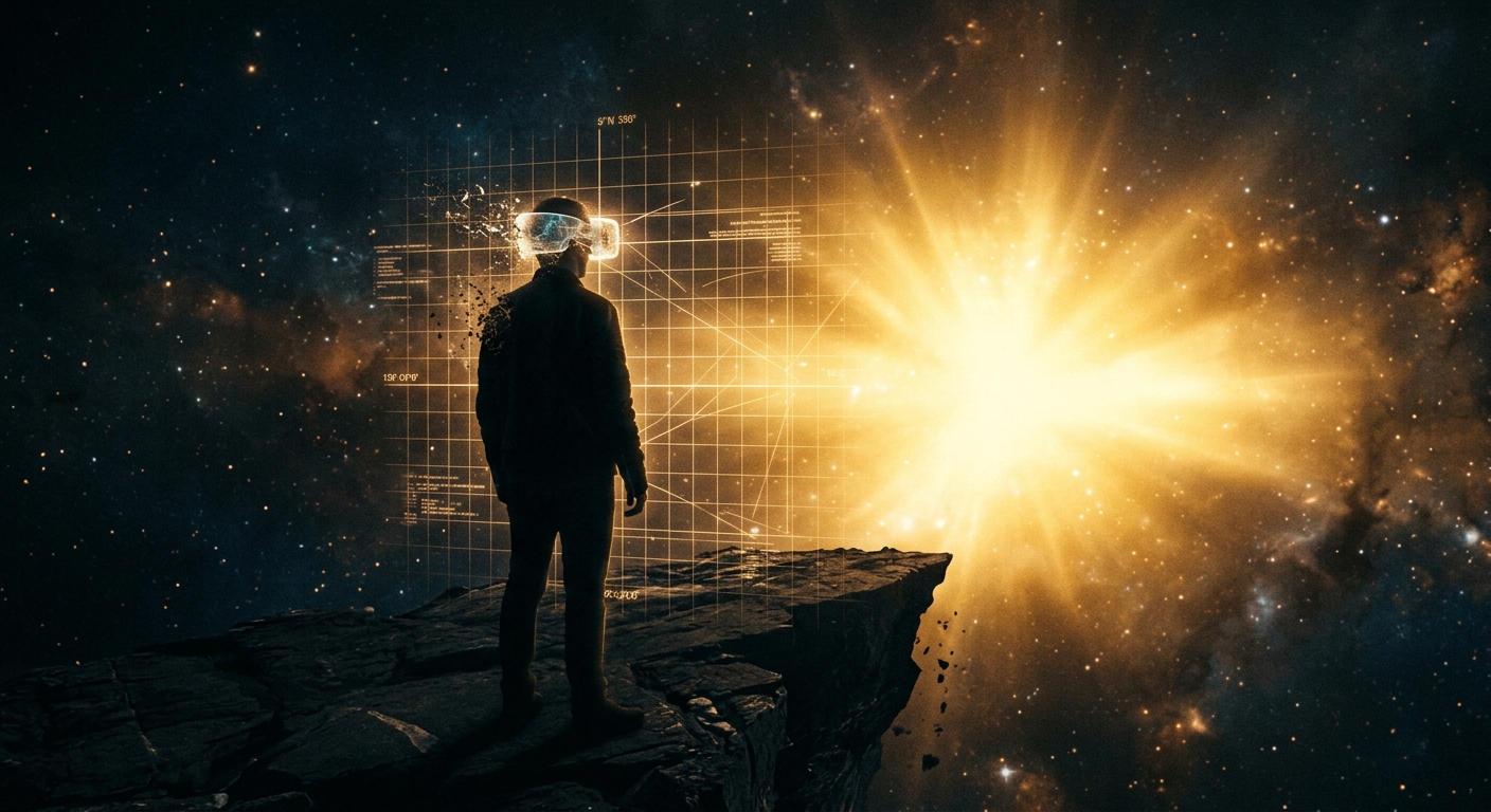 A silhouette wearing a dissolving spacetime headset, with pure consciousness light beyond