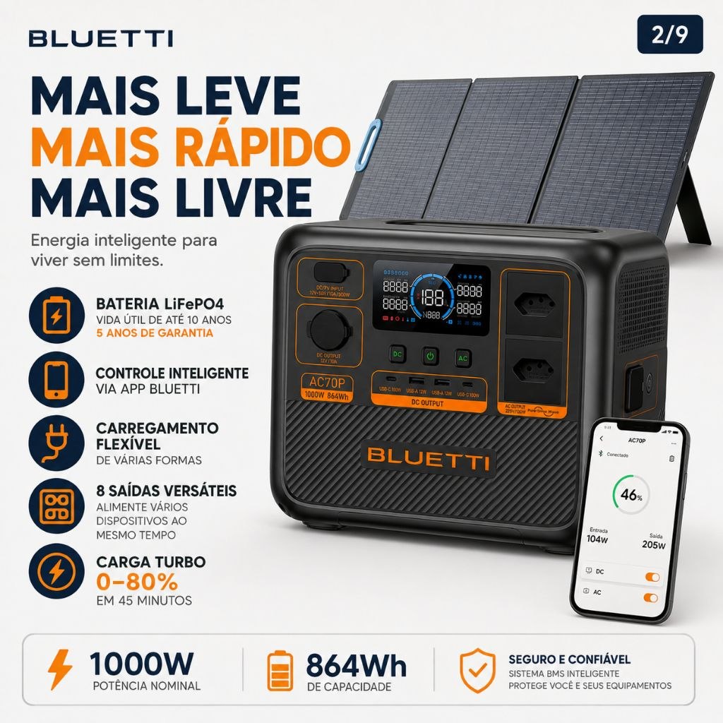 Estação de Energia BLUETTI AC70P - Foto 6